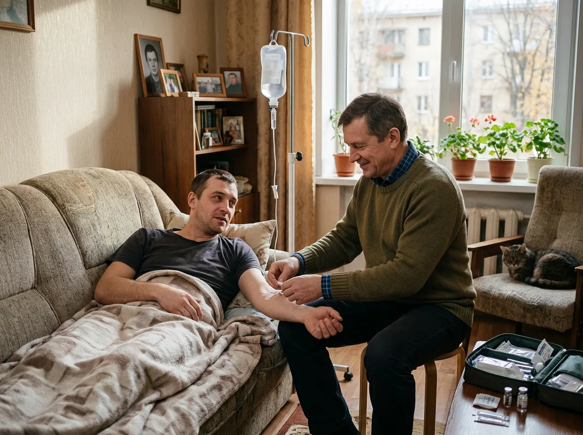 Врач-нарколог в гражданской одежде приезжает на дом к пациенту в Санкт-Петербурге, ставит капельницу, светлая квартира, доверительная атмосфера