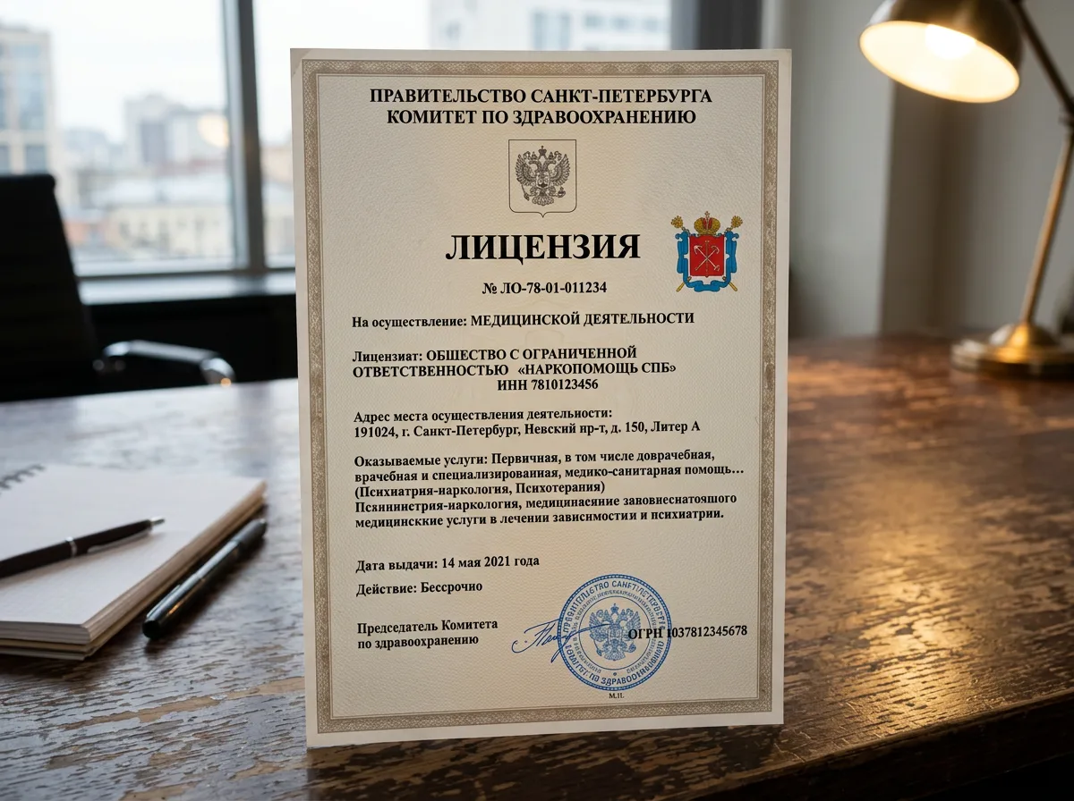 Лицензия на медицинскую деятельность ООО НаркоПомощь СПб, официальный документ Комитета по здравоохранению Санкт-Петербурга, фото лицензионного свидетельства