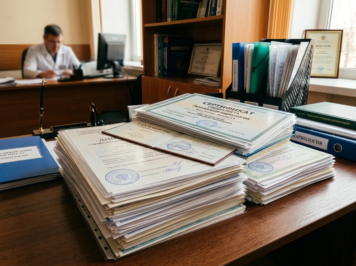 Сертификаты специалистов врачей наркологов клиники, стопка документов о квалификации медицинского персонала, профессиональная подготовка
