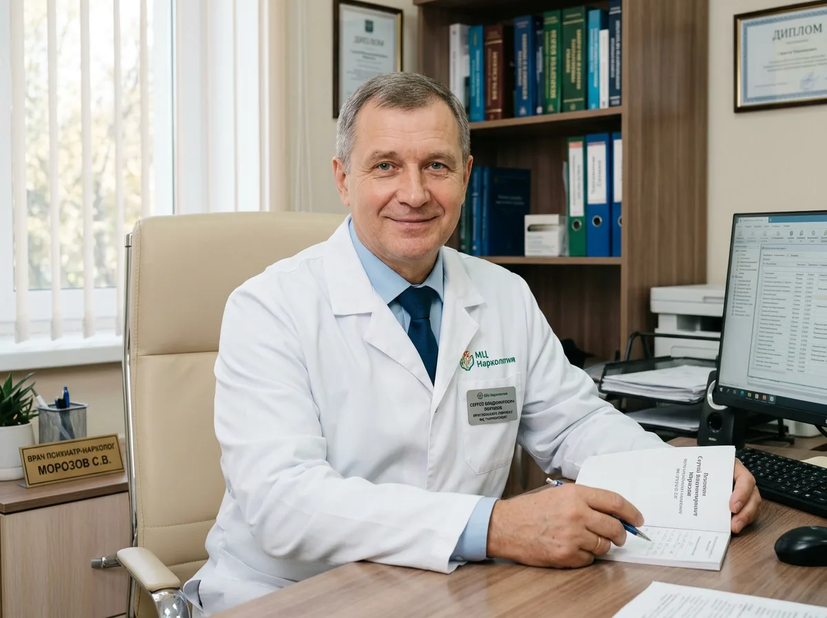 Врач психиатр-нарколог Сергей Владимирович Морозов, медицинский портрет специалиста в белом халате, профессиональное фото, наркологическая клиника