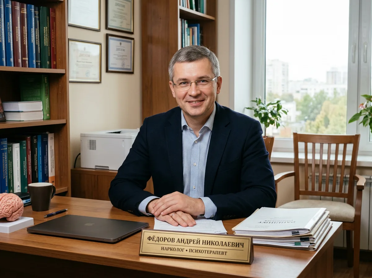 Фёдоров Андрей Николаевич, нарколог психотерапевт мужчина 45 лет, профессиональный портрет, офис клиники