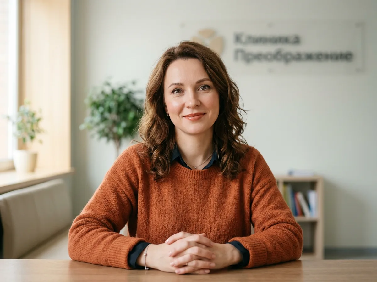 Аватар женщины 35 лет, дочь пациента, фото для отзыва на сайте клиники, светлый нейтральный фон
